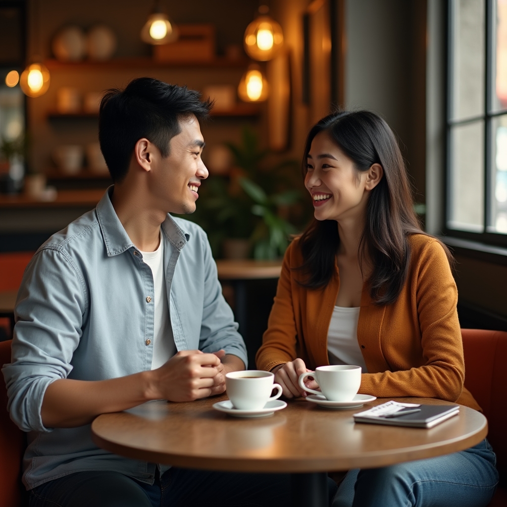 Pareja tomando café mientras conversa de forma calmada sobre finanzas