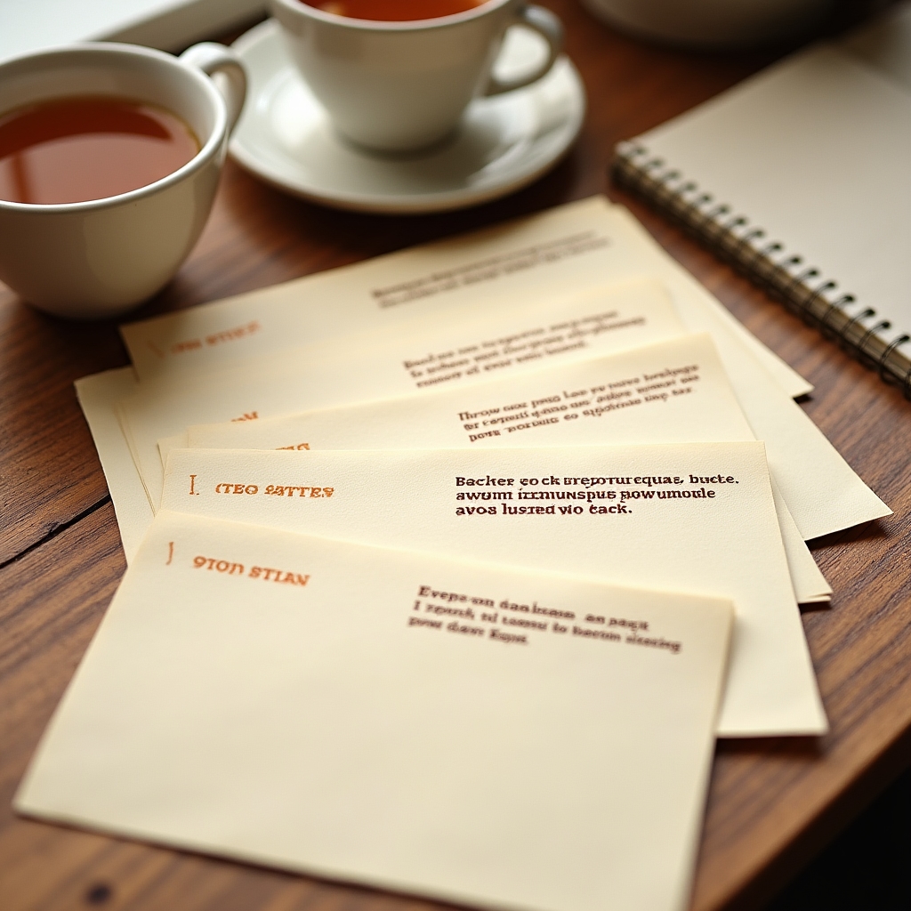 Tarjetas con formatos de conversación organizadas sobre una mesa de madera