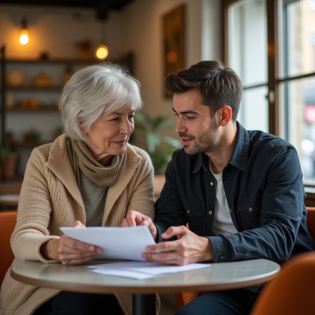 Dos personas de generaciones distintas conversando sobre hábitos de ahorro en una mesa