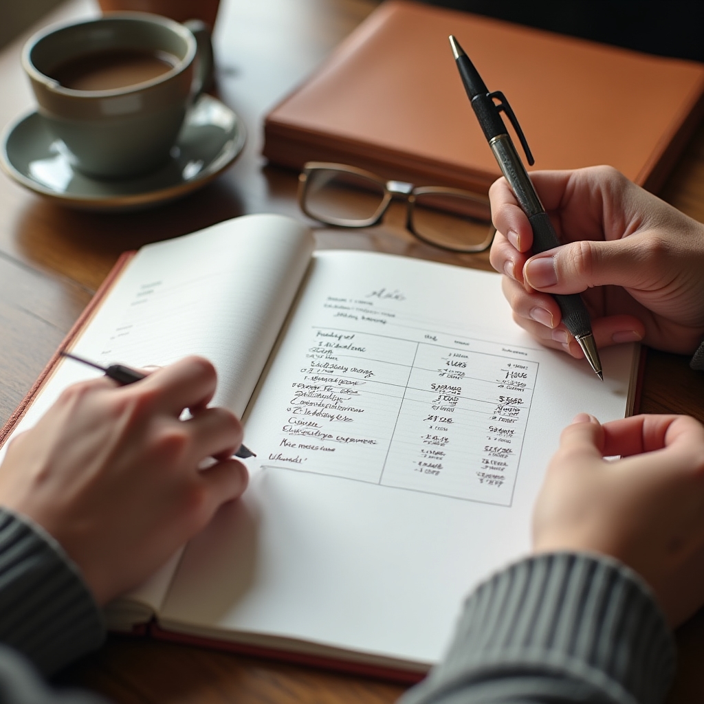 Manos escribiendo un acuerdo compartido sobre gastos en un cuaderno