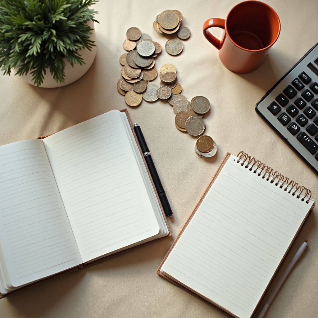 Mesa con cuadernos, calculadora y monedas organizados para revisar gastos