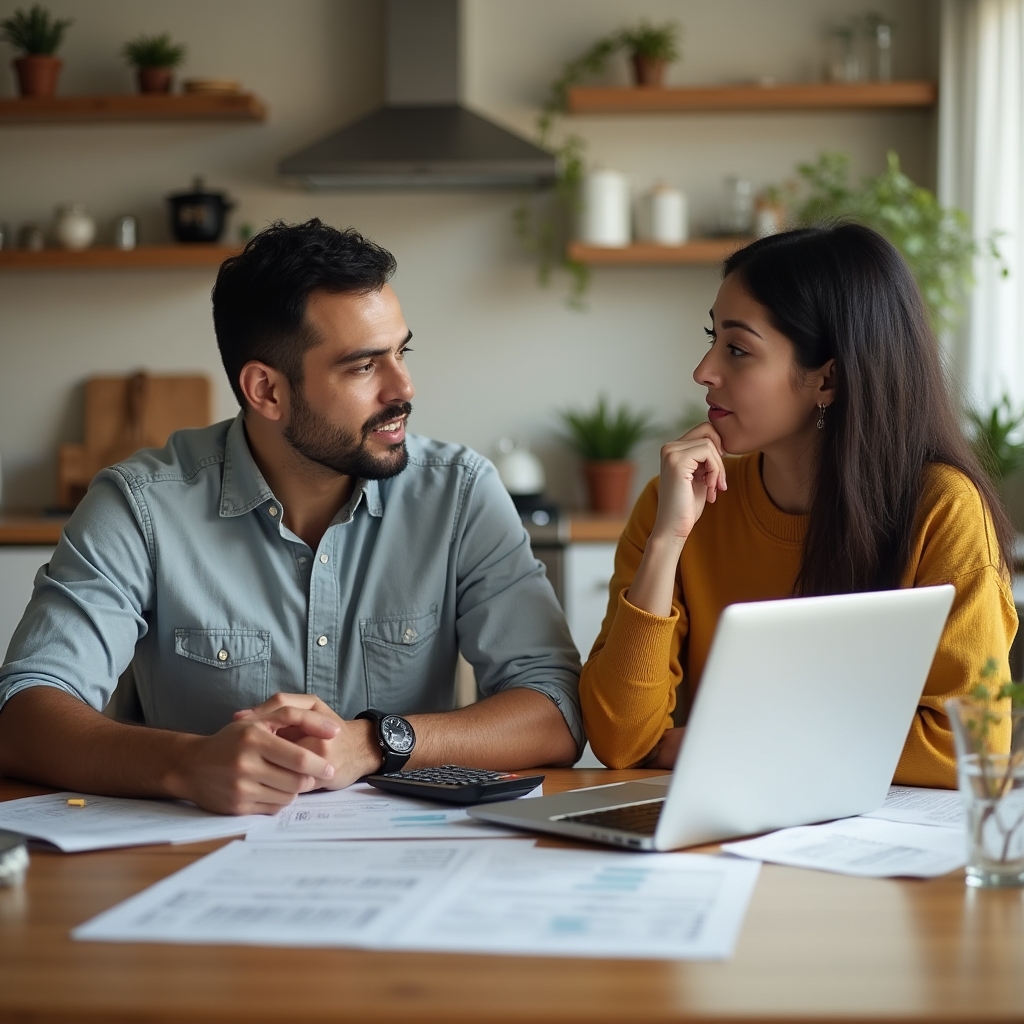 Pareja conversando sobre finanzas domésticas frente a documentos y una calculadora