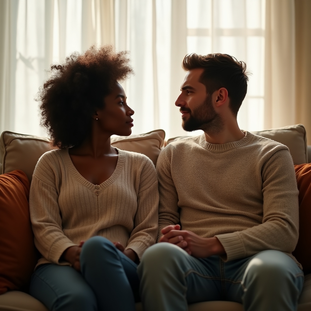 Pareja sentada en el sofá conversando con expresión relajada